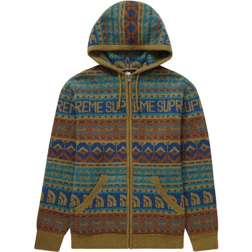 Supreme x North Face Nordic Knit Full-Zip Hoodie Sweater Jacket Olive Mens Small